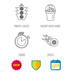 Race, traffic lights and speed icons. Bucket with foam, fire wheel linear signs. Shield protection, calendar and new tag web icons. Vector