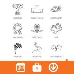 Winner cup and podium, award medal icons. Race flag, motorcycle helmet and timer linear signs. Destination pointer flat line icons. Download arrow, locker and calendar web icons. Vector