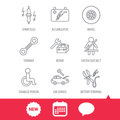 Accumulator, spanner tool and car service icons. Repair toolbox, wheel and spark plug linear signs. Disabled person, battery terminal icons. New tag, speech bubble and calendar web icons. Vector