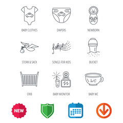 Diapers, newborn baby and clothes icons. Kids songs, beach bucket and bed linear signs. Video monitoring, wc flat line icons. New tag, shield and calendar web icons. Download arrow. Vector