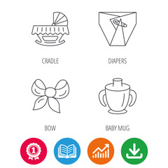 Baby mug, diapers and cradle bed icons. Bow linear sign. Award medal, growth chart and opened book web icons. Download arrow. Vector