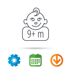 Baby face icon. Newborn child sign. Use of nine months and plus symbol. Calendar, cogwheel and download arrow signs. Colored flat web icons. Vector