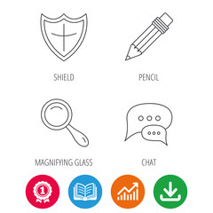 Chat speech bubbles, magnifier and pencil icons. Shield protection linear sign. Award medal, growth chart and opened book web icons. Download arrow. Vector