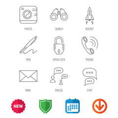 Photo, startup rocket and search icons. Pen, lock and mail linear signs. Dialog chat bubbles, phone call flat line icons. New tag, shield and calendar web icons. Download arrow. Vector