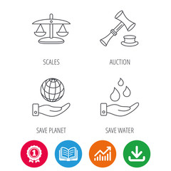 Save nature, auction and scales of justice icons. Save planet linear sign. Award medal, growth chart and opened book web icons. Download arrow. Vector