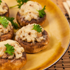 Stuffed Mushrooms with Breadcrumbs and Cheese. Selective focus.