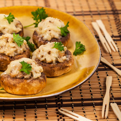 Stuffed Mushrooms with Breadcrumbs and Cheese. Selective focus.