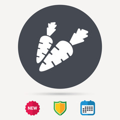 Carrot icon. Fresh natural vegetable symbol. Vegetarian food. Calendar, shield protection and new tag signs. Colored flat web icons. Vector