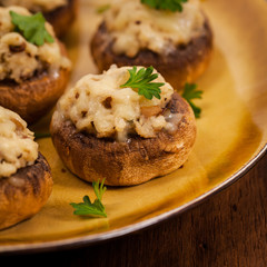 Stuffed Mushrooms with Breadcrumbs and Cheese. Selective focus.