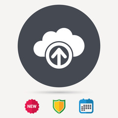 Upload from cloud icon. Data storage technology symbol. Calendar, shield protection and new tag signs. Colored flat web icons. Vector