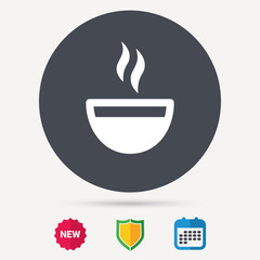 Coffee cup icon. Hot tea drink symbol. Calendar, shield protection and new tag signs. Colored flat web icons. Vector