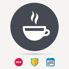 Coffee cup icon. Hot tea drink symbol. Calendar, shield protection and new tag signs. Colored flat web icons. Vector