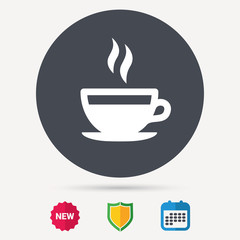 Coffee cup icon. Hot tea drink symbol. Calendar, shield protection and new tag signs. Colored flat web icons. Vector