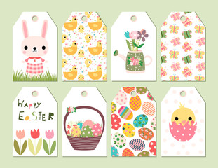 Vector set of Happy Easter and spring cute gift tags or cards with drawings of bunny, chickens and other design elements
