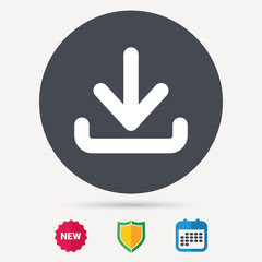 Download icon. Load internet data symbol. Calendar, shield protection and new tag signs. Colored flat web icons. Vector