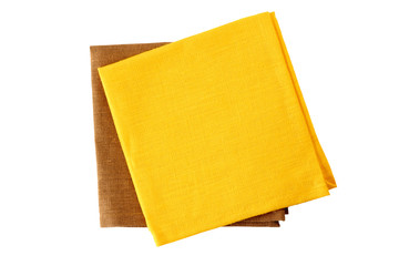 Two colorful napkins, yellow and brown, on white