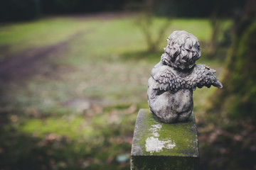 little angel at cemetery, rear view