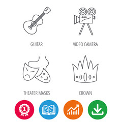 Crown, guitar music and theater masks icons. Video camera linear sign. Award medal, growth chart and opened book web icons. Download arrow. Vector