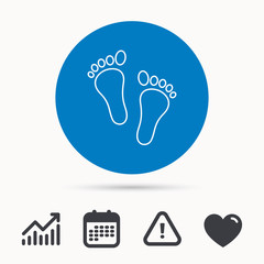 Baby footprints icon. Child feet sign. Newborn steps symbol. Calendar, attention sign and growth chart. Button with web icon. Vector