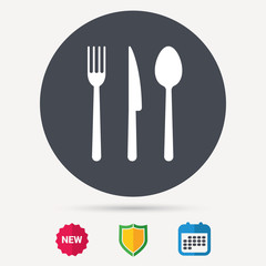Fork, knife and spoon icons. Cutlery symbol. Calendar, shield protection and new tag signs. Colored flat web icons. Vector