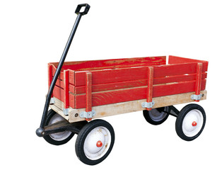 Little red wood wagon. Isolated. - obrazy, fototapety, plakaty