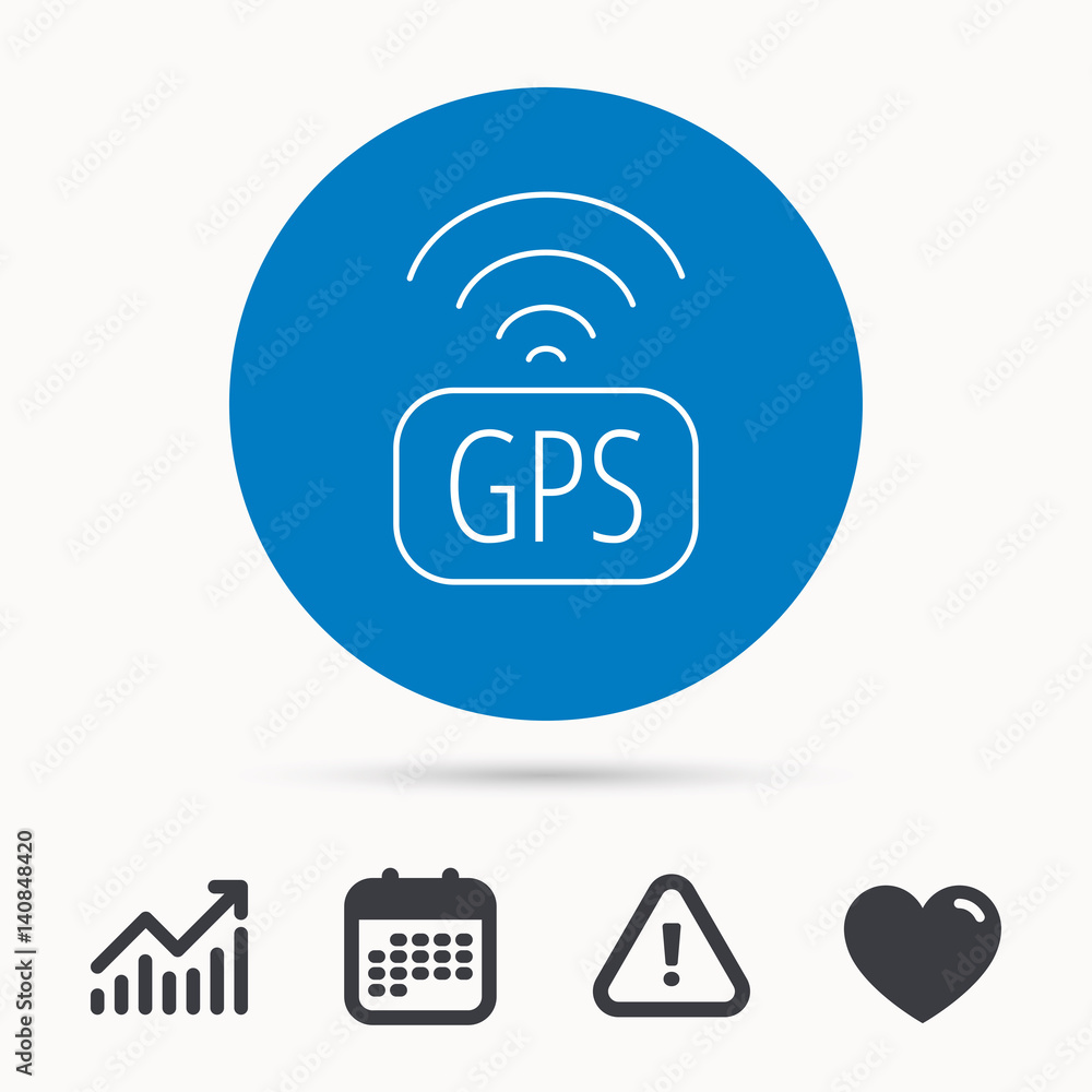 Poster gps navigation icon. map positioning sign. wireless signal symbol. calendar, attention sign and grow