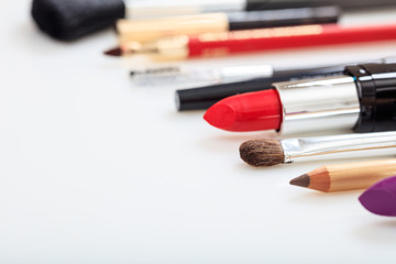 Set of makeup cosmetics on white background