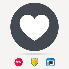 Heart icon. Romantic love symbol. Calendar, shield protection and new tag signs. Colored flat web icons. Vector