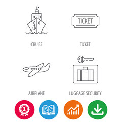 Ticket, cruise ship and airplane icons. Luggage security linear sign. Award medal, growth chart and opened book web icons. Download arrow. Vector