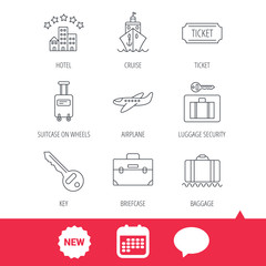 Hotel, cruise ship and airplane icons. Key, baggage and briefcase linear signs. Luggage security and ticket flat line icons. New tag, speech bubble and calendar web icons. Vector