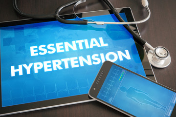 Essential hypertension (heart disorder) diagnosis medical concept on tablet screen with stethoscope