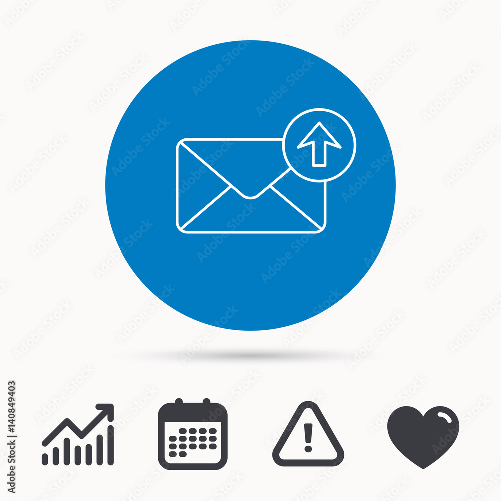 Poster mail outbox icon. email message sign. upload arrow symbol. calendar, attention sign and growth chart