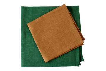 Fototapeta premium Two textile napkins, brown and green, on white
