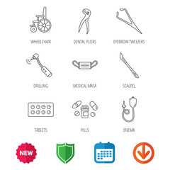 Medical mask, pills and dental pliers icons. Tablets, drilling tool and wheelchair linear signs. Enema, scalpel and tweezers flat line icons. New tag, shield and calendar web icons. Download arrow
