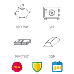 Fototapeta premium Piggy bank, cash money and safe icons. Gold bar linear sign. Shield protection, calendar and new tag web icons. Vector