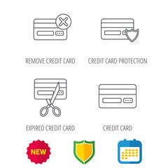 Bank credit card icons. Banking, protection and expired debit card linear signs. Shield protection, calendar and new tag web icons. Vector