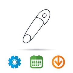 Pin icon. Stationery sign. Attachment symbol. Calendar, cogwheel and download arrow signs. Colored flat web icons. Vector