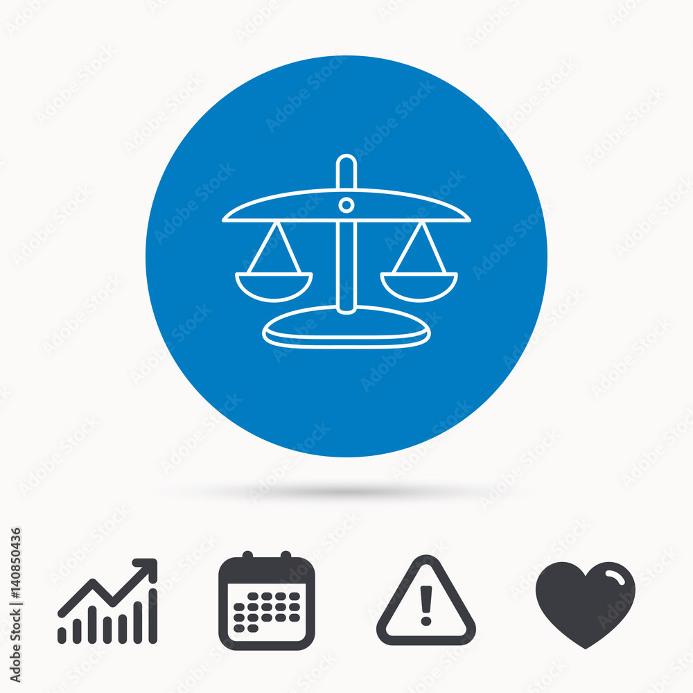 Poster scales of justice icon. law and judge sign. measurement tool symbol. calendar, attention sign and gr