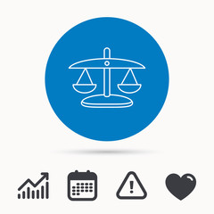 Scales of Justice icon. Law and judge sign. Measurement tool symbol. Calendar, attention sign and growth chart. Button with web icon. Vector