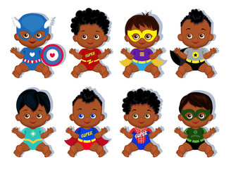 Illustration  group of cute babies boys in costumes of superheroes.