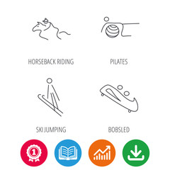 Pilates, bobsled and horseback riding icons. Ski jumping linear sign. Award medal, growth chart and opened book web icons. Download arrow. Vector