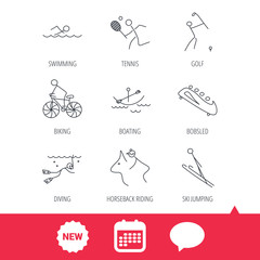 Swimming, tennis and golf icons. Biking, diving and horseback riding linear signs. Ski jumping, boating and bobsleigh icons. New tag, speech bubble and calendar web icons. Vector