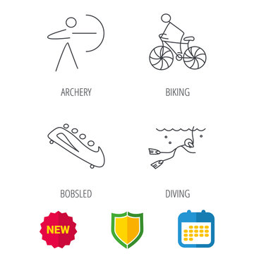 Diving, biking and archery icons. Bobsled linear sign. Shield protection, calendar and new tag web icons. Vector