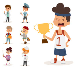 Fototapeta premium cartoon profession kids children vector set illustration person childhood painter sportsman chef builder policeman doctor artist driver businessman