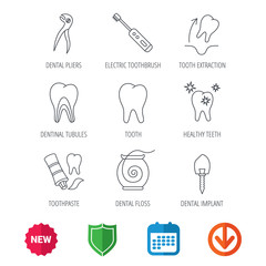 Tooth extraction, electric toothbrush icons. Dental implant, floss and dentinal tubules linear signs. Toothpaste icon. New tag, shield and calendar web icons. Download arrow. Vector