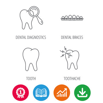 Tooth, dental braces and toothache icons. Dental diagnostics linear sign. Award medal, growth chart and opened book web icons. Download arrow. Vector