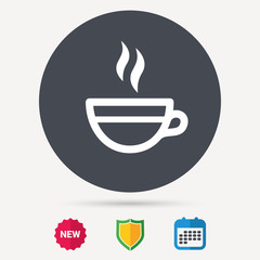 Tea cup icon. Hot coffee drink symbol. Calendar, shield protection and new tag signs. Colored flat web icons. Vector