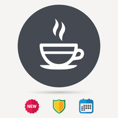 Tea cup icon. Hot coffee drink symbol. Calendar, shield protection and new tag signs. Colored flat web icons. Vector