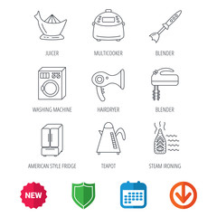 Washing machine, teapot and blender icons. Refrigerator fridge, juicer and steam ironing linear signs. Hair dryer, juicer icons. New tag, shield and calendar web icons. Download arrow. Vector