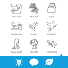 Coffee maker, sewing machine and toaster icons. Ventilator, vacuum cleaner linear signs. Hair dryer, steam ironing and waffle-iron icons. Light bulb, speech bubble and leaf web icons. Vector